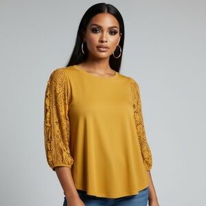 Anthropologie Women’s Pull On Mustard Lace 3/4 Sleeve Blouse